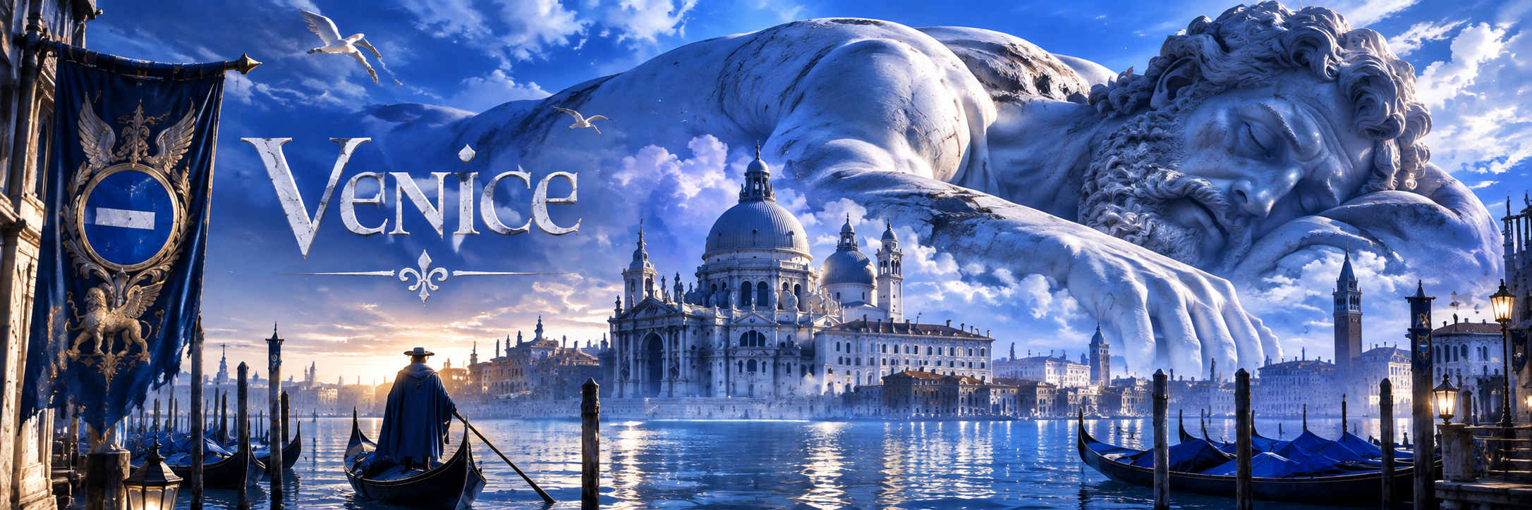 A mythic blue view of Venice with marble sculpture and gondolas