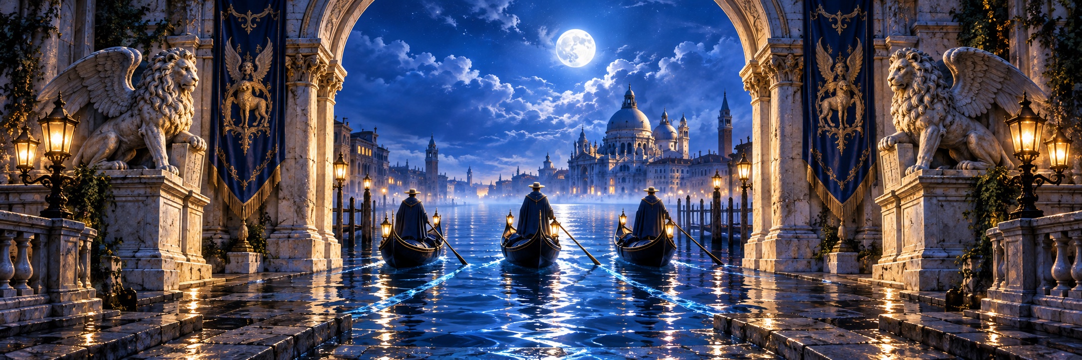 Three gondolas passing through a grand arch beneath moonlight