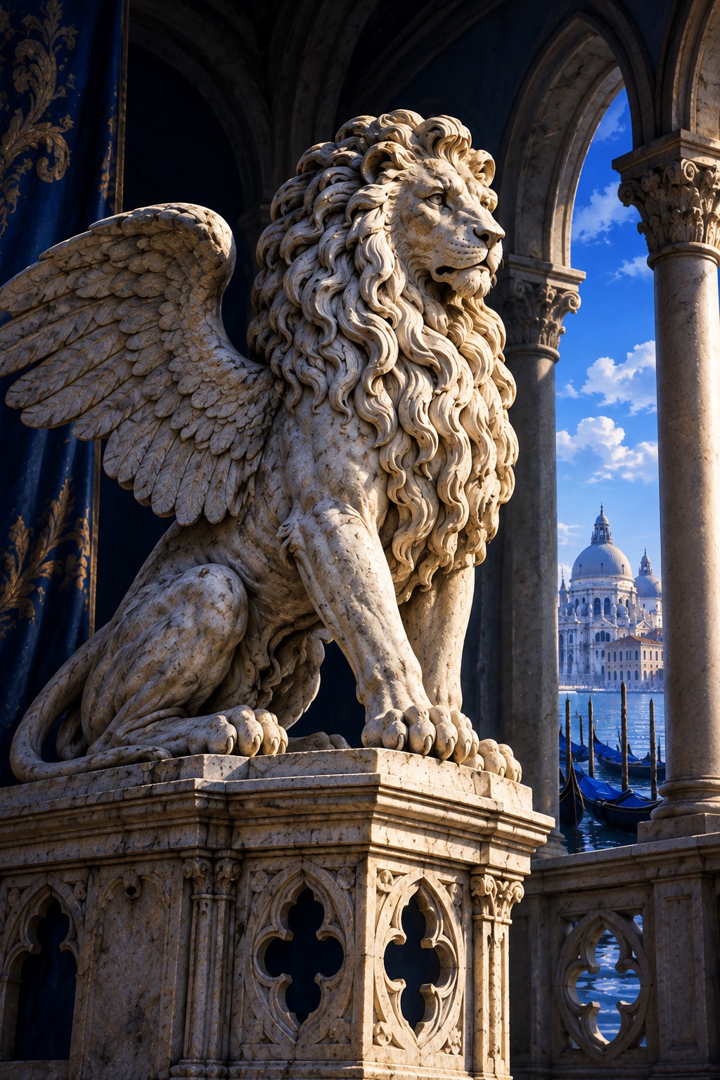 A white marble winged lion beneath Venetian arches